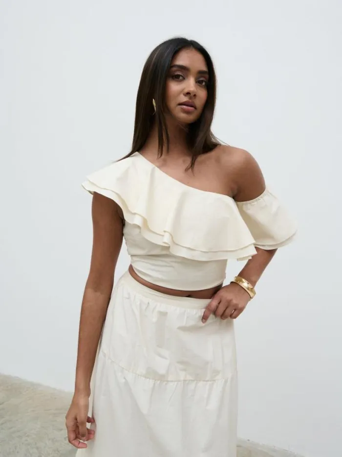 Pretty Lavish Tops Women Sol Ruffle Cropped Top Beige