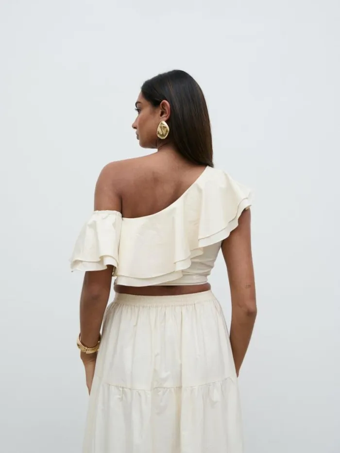 Pretty Lavish Tops Women Sol Ruffle Cropped Top Beige