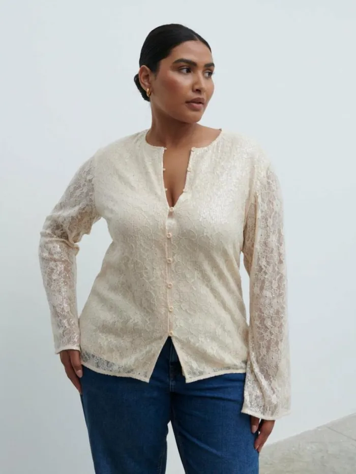 Pretty Lavish Tops Women Tai Sequin Lace Cardigan Curve Cream