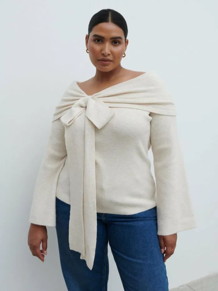 Pretty Lavish Tops Women Tilda Bardot Bow Knit Top Curve Beige