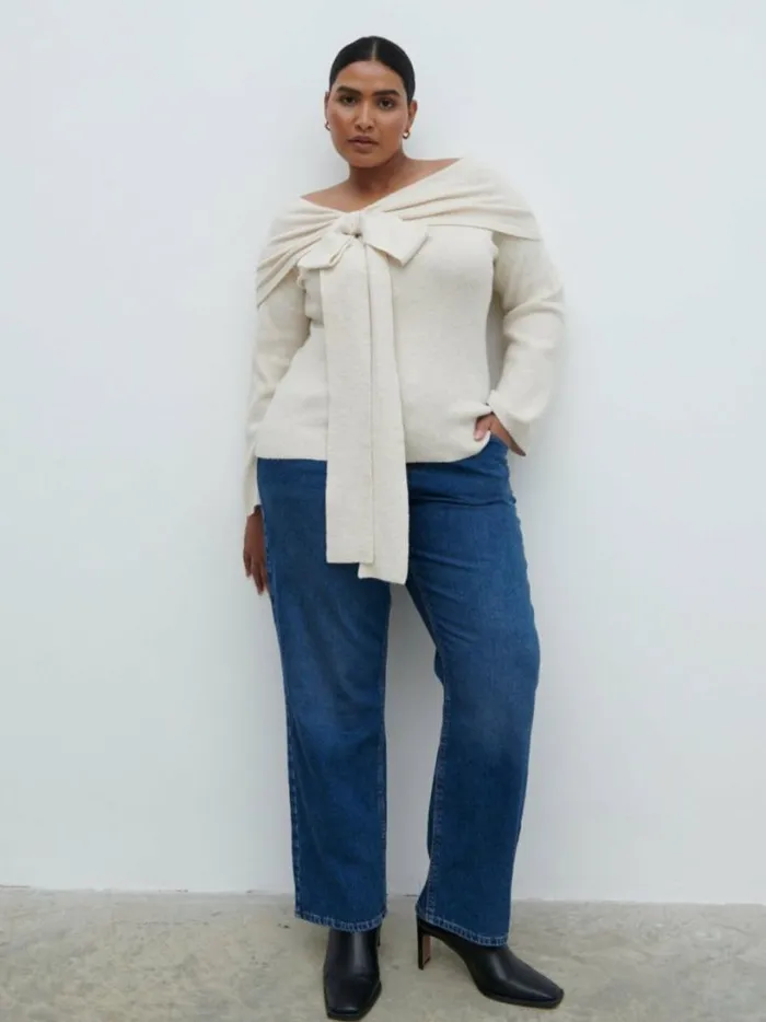 Pretty Lavish Tops Women Tilda Bardot Bow Knit Top Curve Beige