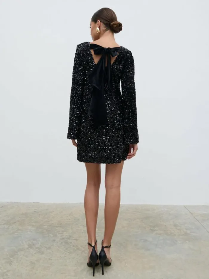 Pretty Lavish Wedding Guest Women Bow Sequin Shift Dress Black