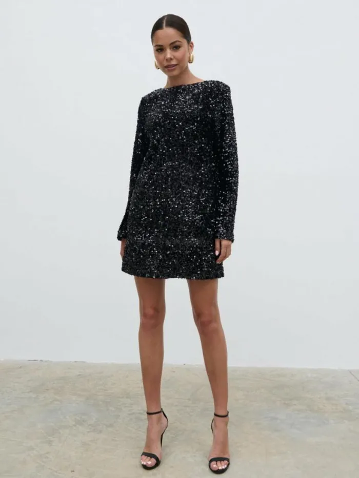 Pretty Lavish Wedding Guest Women Bow Sequin Shift Dress Black