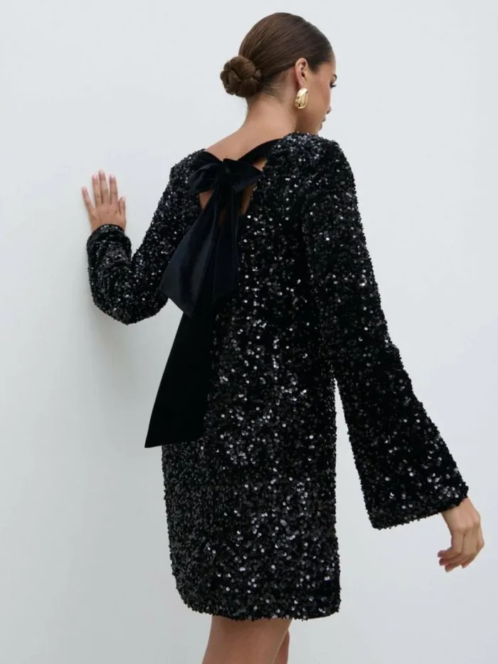 Pretty Lavish Wedding Guest Women Bow Sequin Shift Dress Black