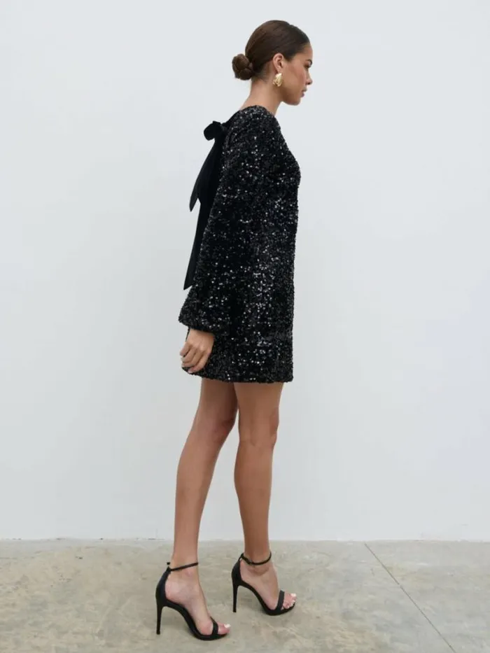Pretty Lavish Wedding Guest Women Bow Sequin Shift Dress Black
