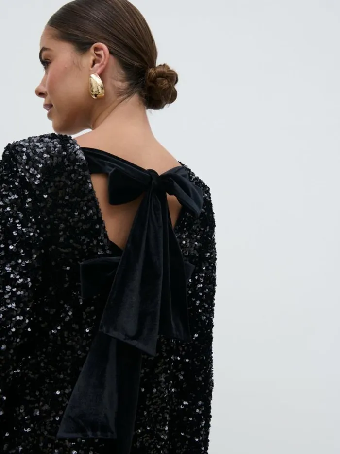Pretty Lavish Wedding Guest Women Bow Sequin Shift Dress Black