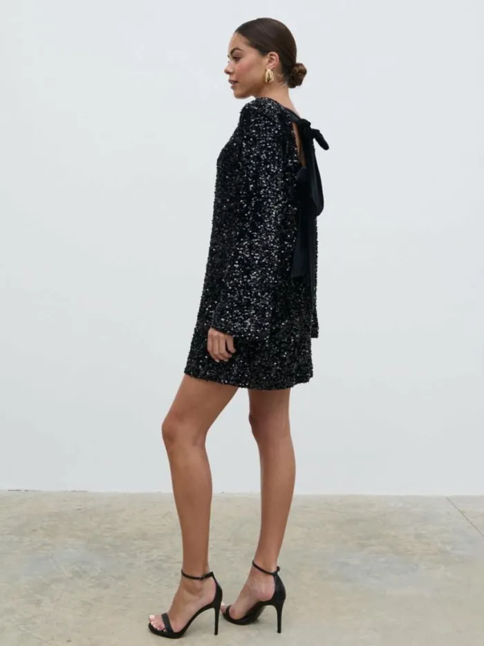 Pretty Lavish Wedding Guest Women Bow Sequin Shift Dress Black