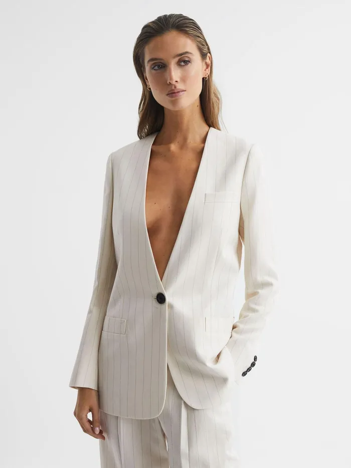 Reiss Blazers Arleth Collarless Pinstripe Blazer White 8211 Women