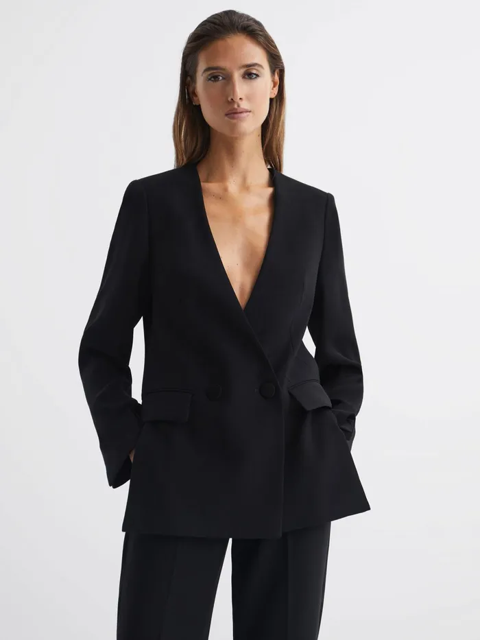 Reiss Blazers Margeaux Collarless DoubleBreasted Blazer Black 8211 Women