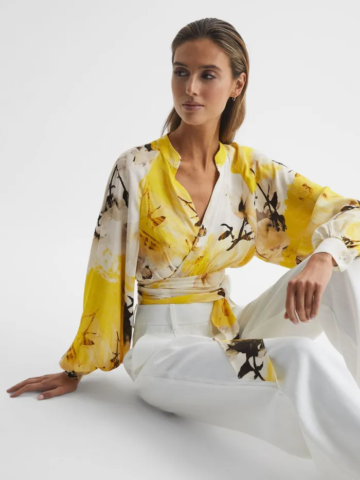 Reiss Blouses and Shirts Odette Floral Print Cropped Blouse Yellow 8211 Women