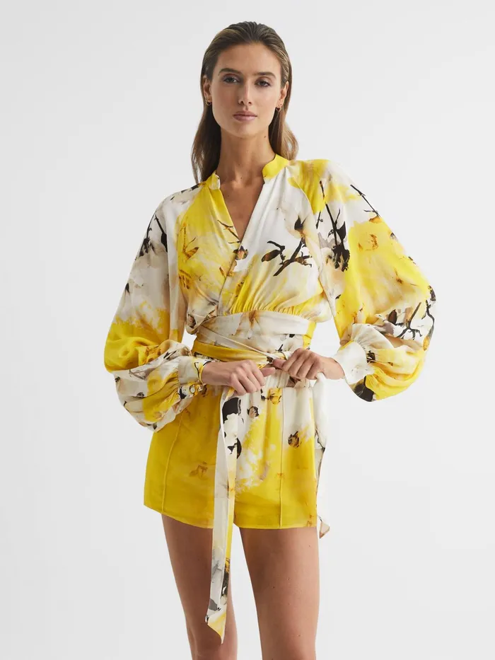 Reiss Blouses and Shirts Odette Floral Print Cropped Blouse Yellow 8211 Women