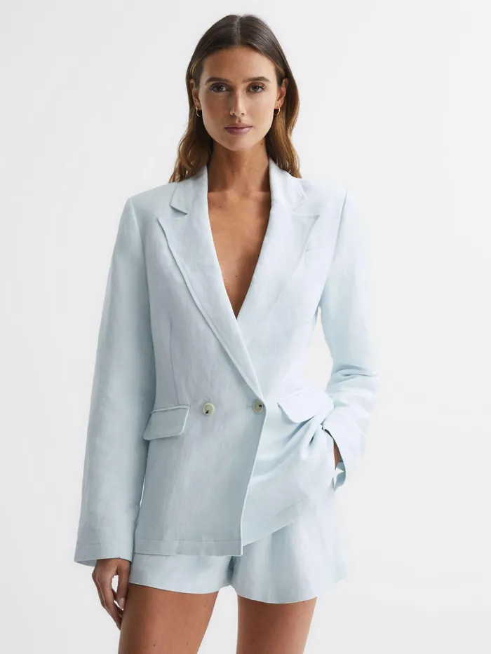 Reiss Coats and Jackets Dawson Paige Double Breasted Linen Blend Blazer Ice Flow 8211 Women