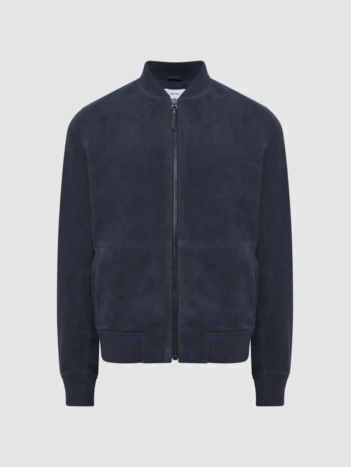 Reiss Coats and Jackets Dilan Suede Zip Through Bomber Jacket Denim Blue 8211 Men
