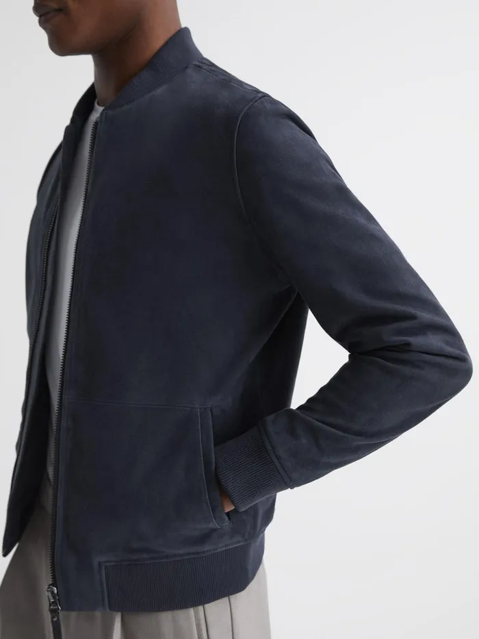 Reiss Coats and Jackets Dilan Suede Zip Through Bomber Jacket Denim Blue 8211 Men