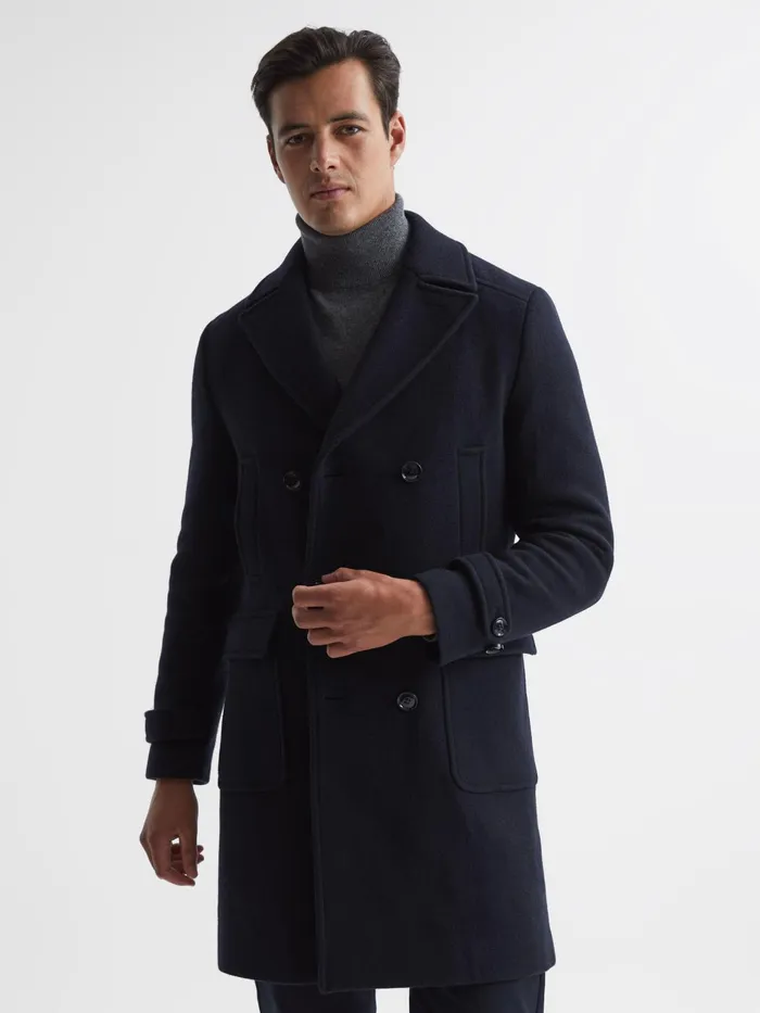 Reiss Coats and Jackets Fall Double Breasted Wool Blend Military Overcoat Navy 8211 Men