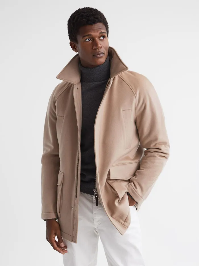 Reiss Coats and Jackets Mandarin Zip Through Cashmere Coat Cream 8211 Men