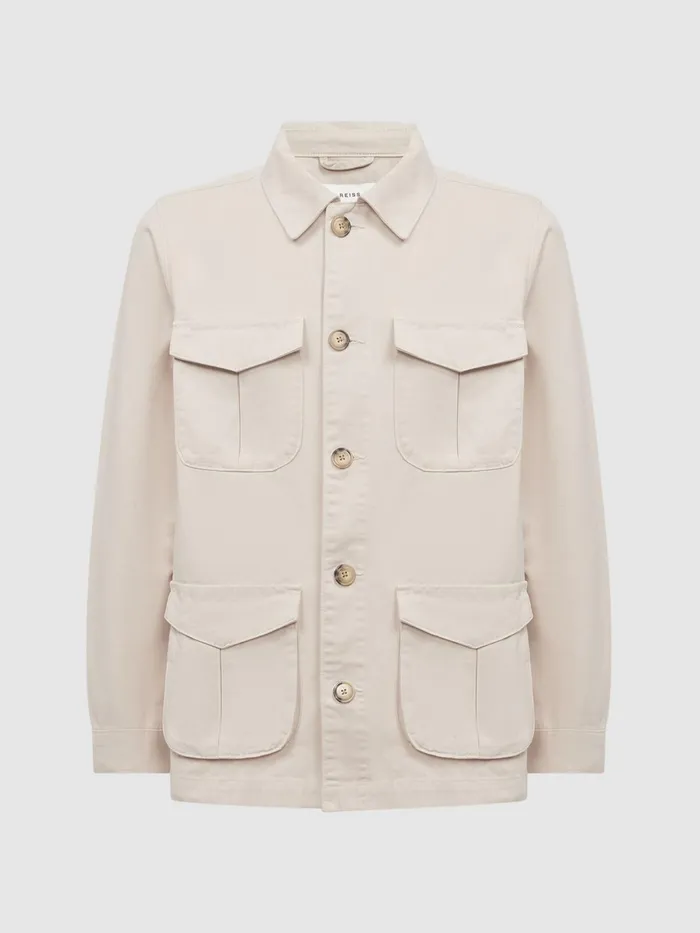 Reiss Coats and Jackets Normanby Button Through Long Sleeve Cotton Overshirt Ecru 8211 Men