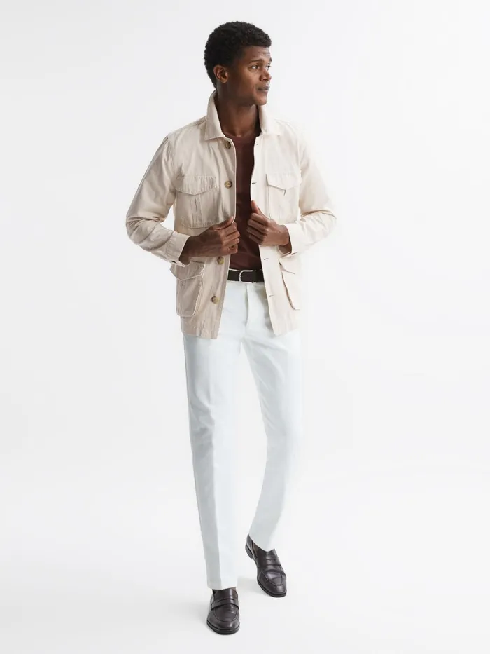 Reiss Coats and Jackets Normanby Button Through Long Sleeve Cotton Overshirt Ecru 8211 Men