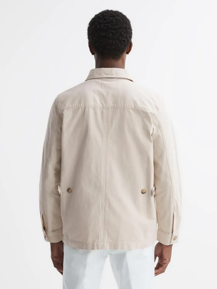 Reiss Coats and Jackets Normanby Button Through Long Sleeve Cotton Overshirt Ecru 8211 Men