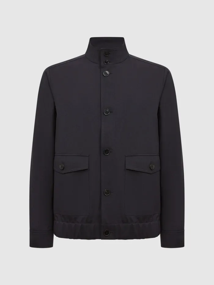 Reiss Coats and Jackets Ozark High Neck Button Through Blouson Jacket Navy 8211 Men