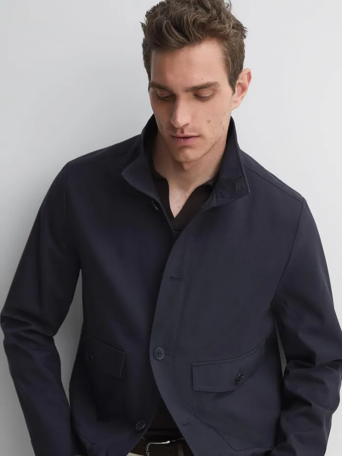 Reiss Coats and Jackets Ozark High Neck Button Through Blouson Jacket Navy 8211 Men