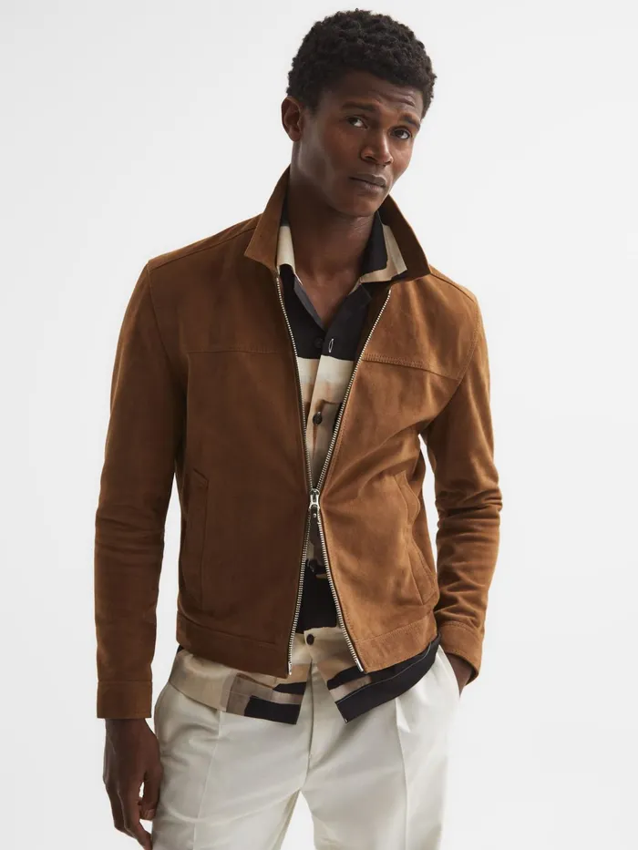 Reiss Coats and Jackets Riley Suede ZipThrough Jacket Chocolate 8211 Men