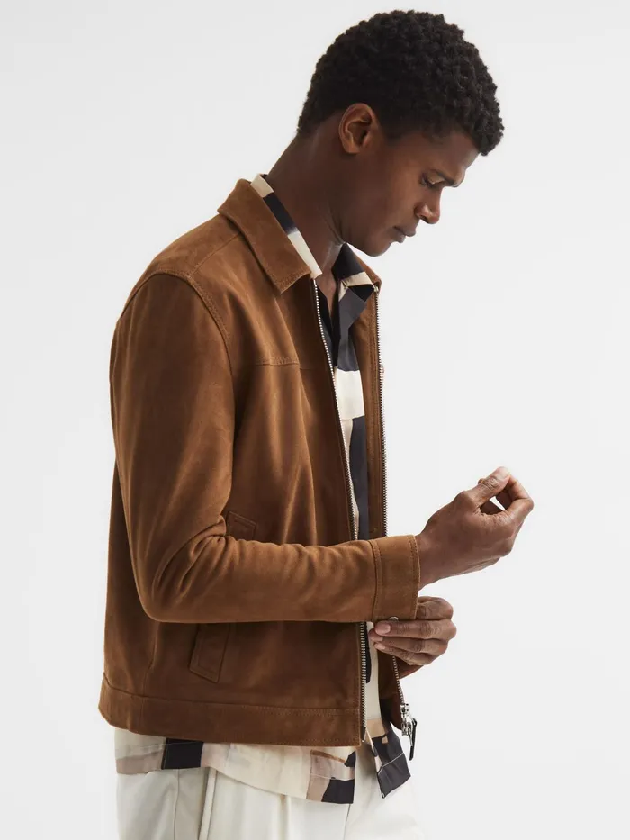 Reiss Coats and Jackets Riley Suede ZipThrough Jacket Chocolate 8211 Men