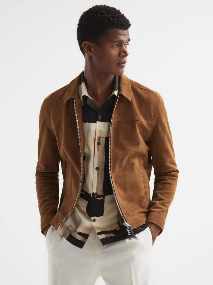 Reiss Coats and Jackets Riley Suede ZipThrough Jacket Chocolate 8211 Men