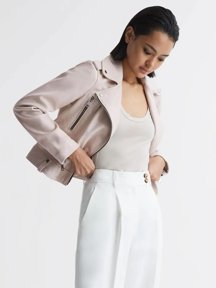 Reiss Coats and Jackets Santiago Leather Biker Jacket Off White 8211 Women
