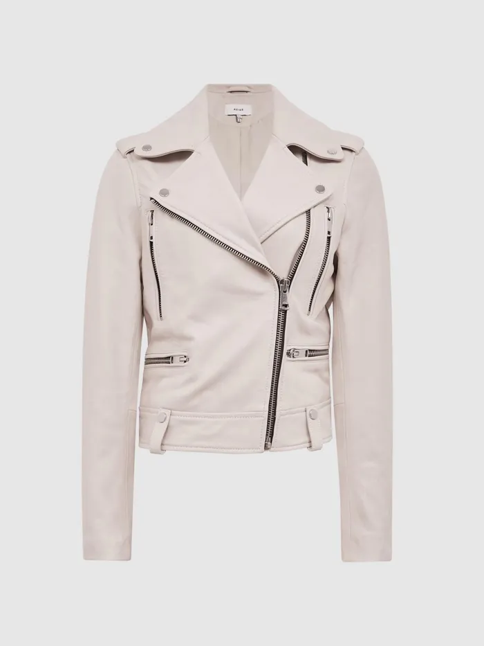 Reiss Coats and Jackets Santiago Leather Biker Jacket Off White 8211 Women