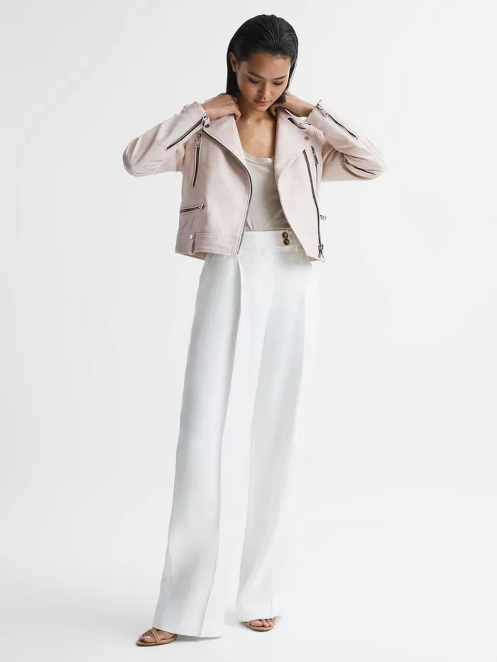 Reiss Coats and Jackets Santiago Leather Biker Jacket Off White 8211 Women