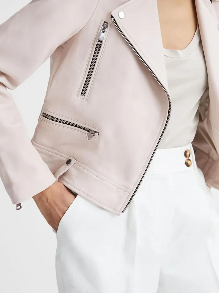 Reiss Coats and Jackets Santiago Leather Biker Jacket Off White 8211 Women