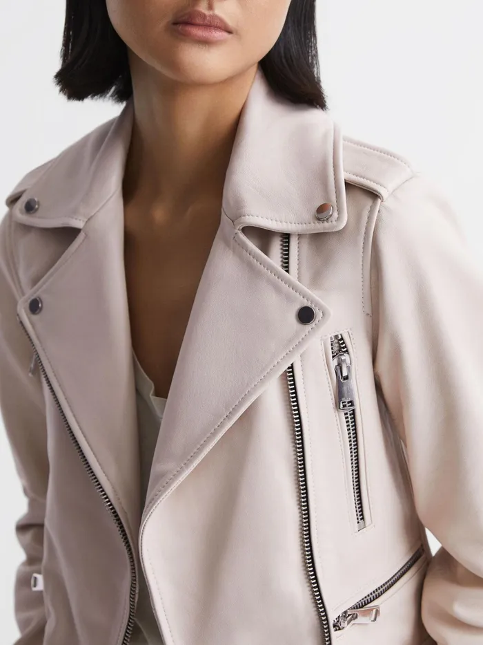 Reiss Coats and Jackets Santiago Leather Biker Jacket Off White 8211 Women