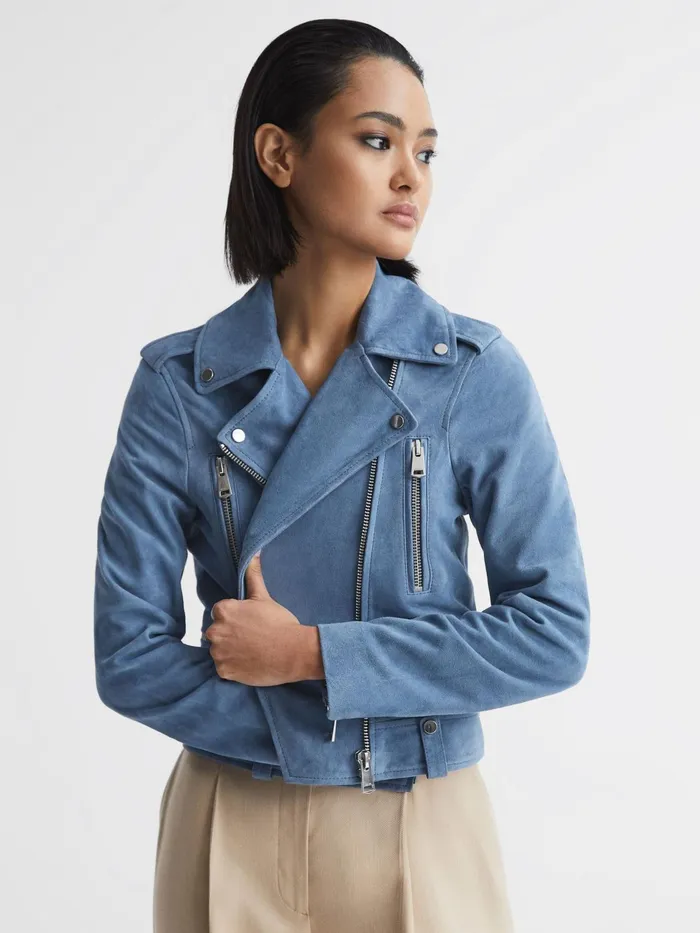 Reiss Coats and Jackets Santiago Suede Suede Biker Jacket Blue 8211 Women