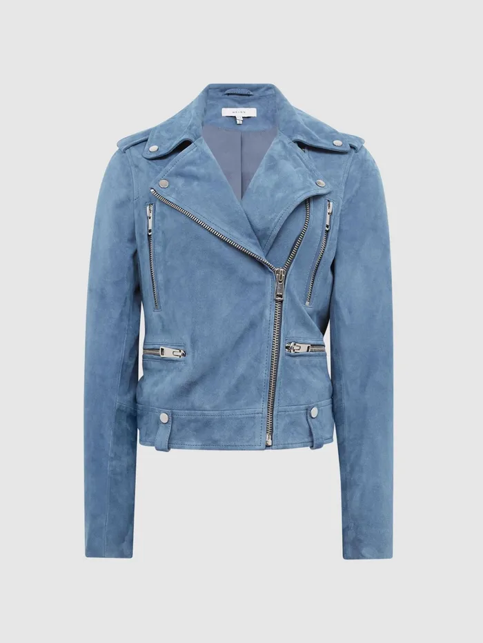 Reiss Coats and Jackets Santiago Suede Suede Biker Jacket Blue 8211 Women
