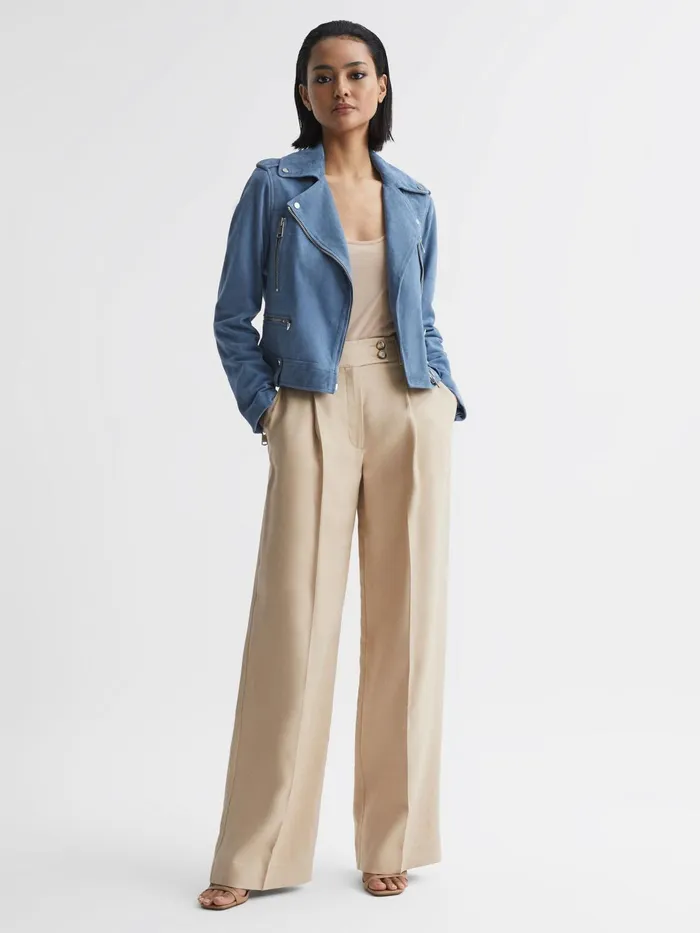Reiss Coats and Jackets Santiago Suede Suede Biker Jacket Blue 8211 Women