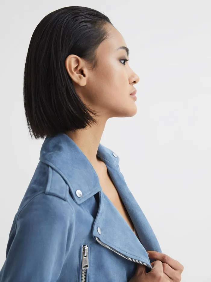 Reiss Coats and Jackets Santiago Suede Suede Biker Jacket Blue 8211 Women