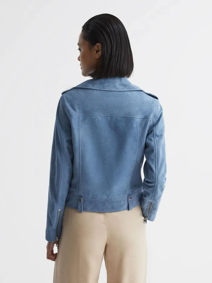 Reiss Coats and Jackets Santiago Suede Suede Biker Jacket Blue 8211 Women
