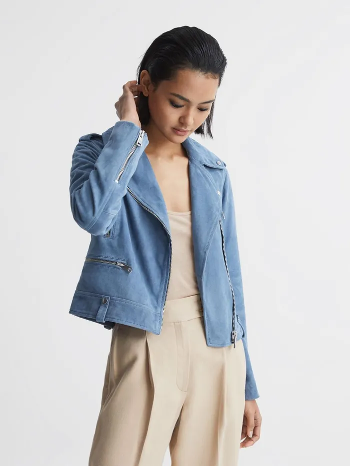 Reiss Coats and Jackets Santiago Suede Suede Biker Jacket Blue 8211 Women