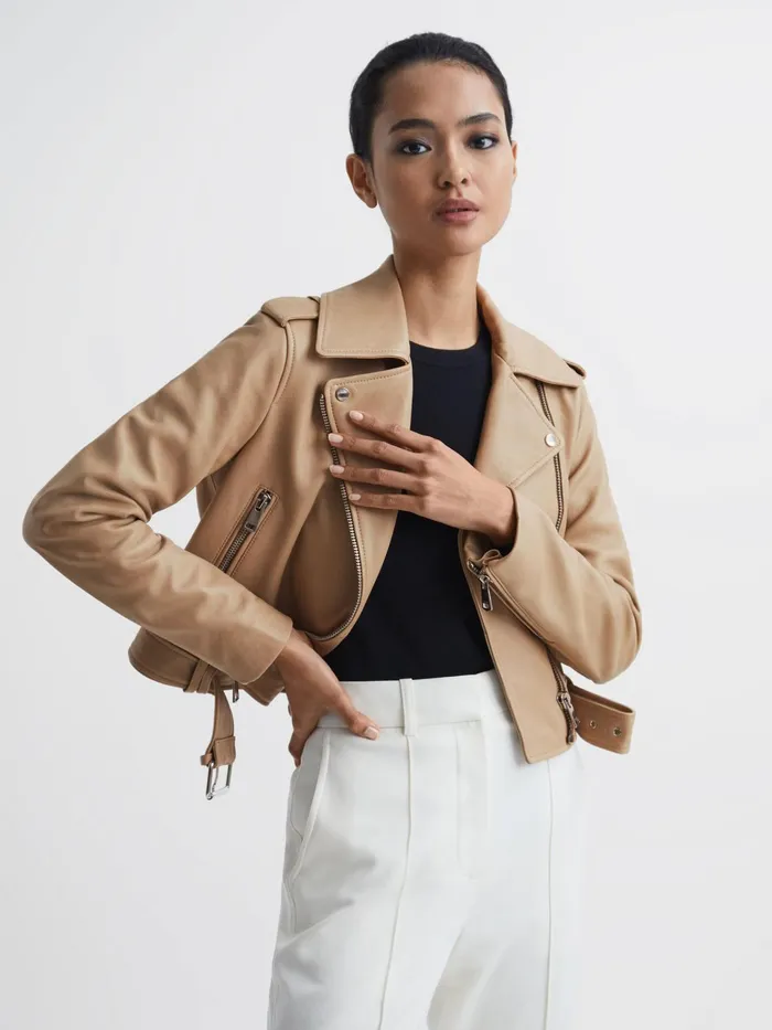 Reiss Coats and Jackets Tyler Leather Biker Jacket Neutral 8211 Women