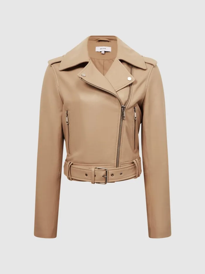 Reiss Coats and Jackets Tyler Leather Biker Jacket Neutral 8211 Women