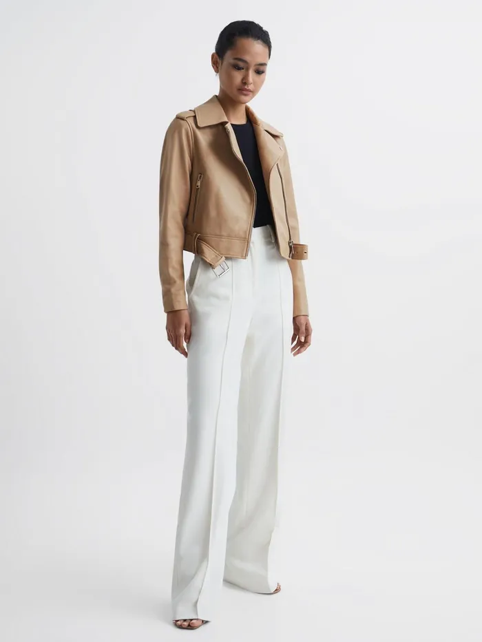 Reiss Coats and Jackets Tyler Leather Biker Jacket Neutral 8211 Women