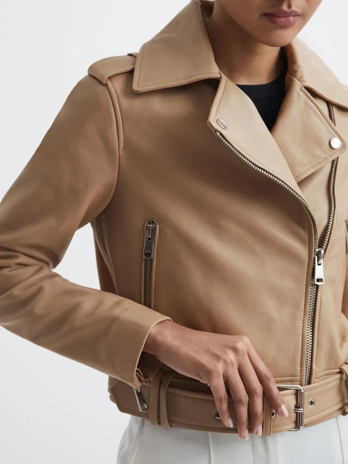Reiss Coats and Jackets Tyler Leather Biker Jacket Neutral 8211 Women
