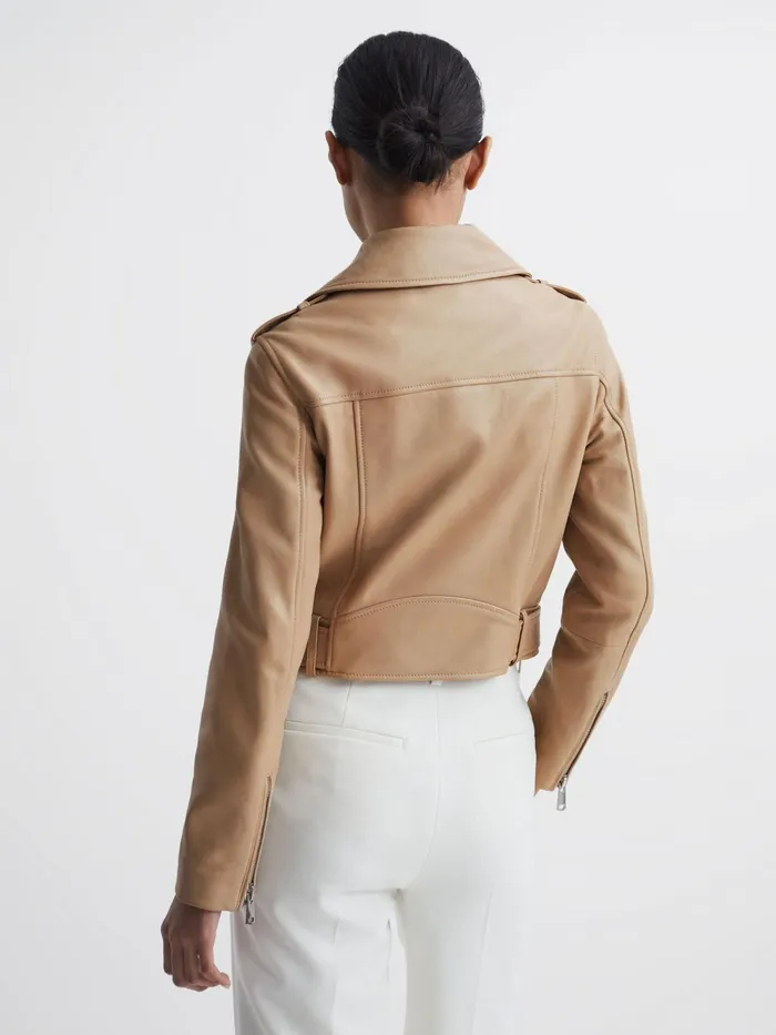 Reiss Coats and Jackets Tyler Leather Biker Jacket Neutral 8211 Women