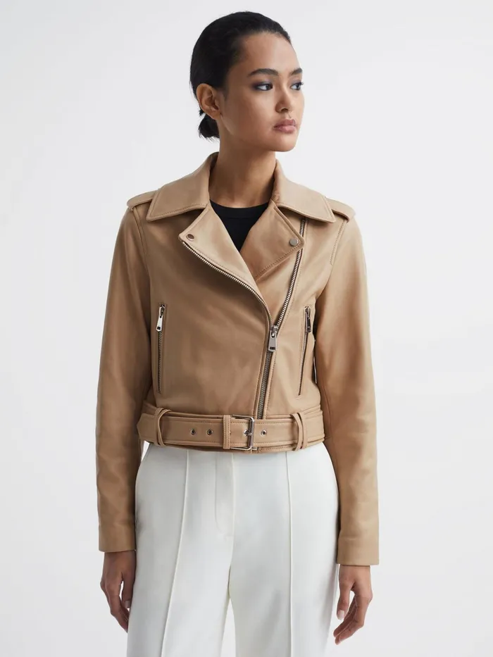 Reiss Coats and Jackets Tyler Leather Biker Jacket Neutral 8211 Women