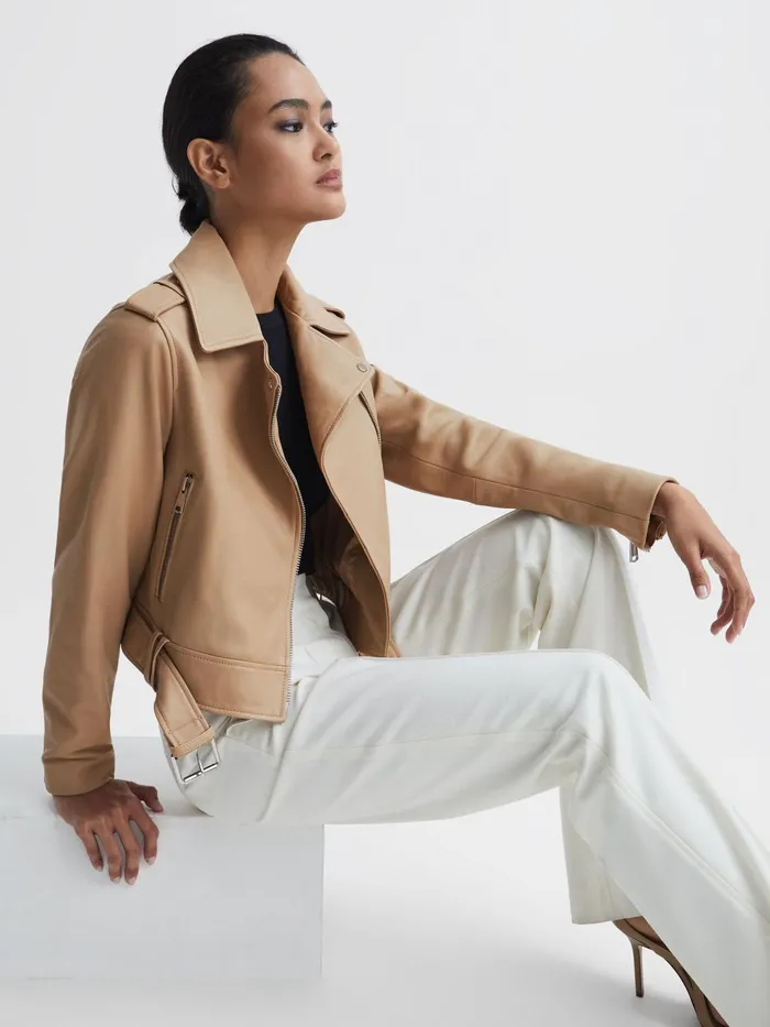 Reiss Coats and Jackets Tyler Leather Biker Jacket Neutral 8211 Women
