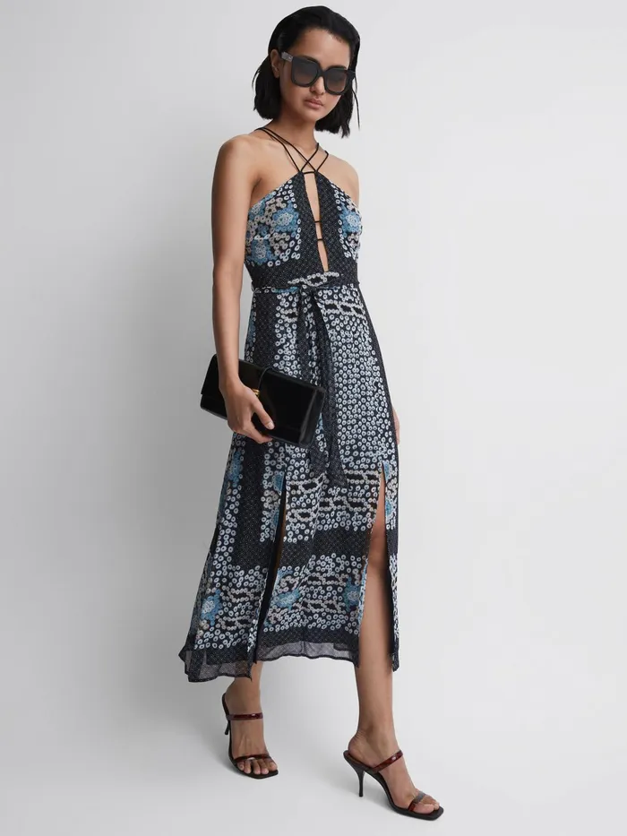 Reiss Dresses Aliana Floral Print Fitted Midi Dress Navyblue 8211 Women