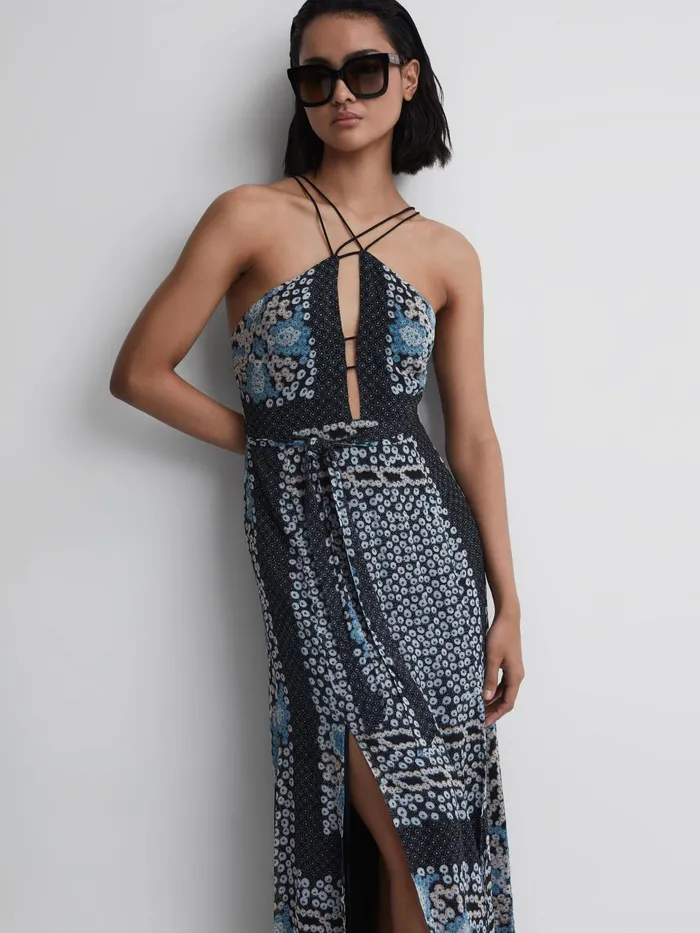 Reiss Dresses Aliana Floral Print Fitted Midi Dress Navyblue 8211 Women