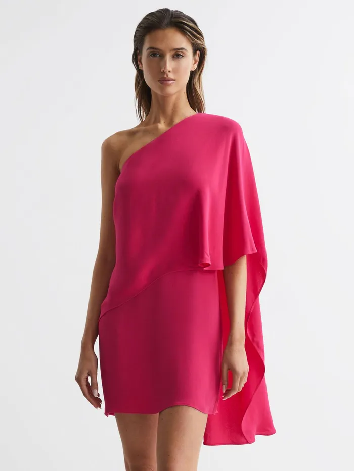 Reiss Dresses Blake One Shoulder Cape Mini Dress Bright Pink 8211 Women