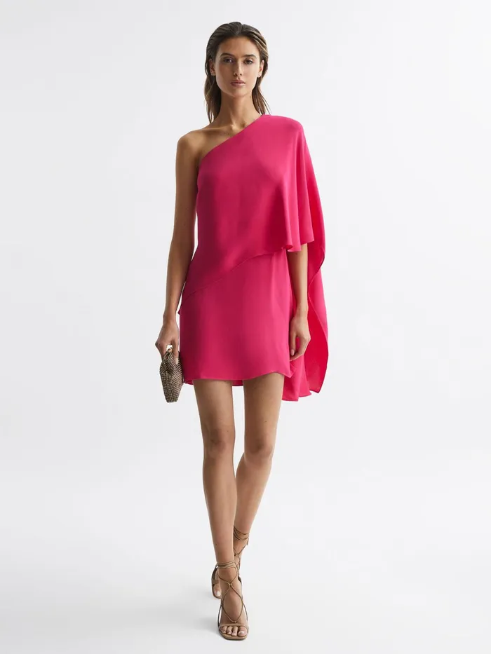 Reiss Dresses Blake One Shoulder Cape Mini Dress Bright Pink 8211 Women